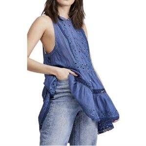 Free People Adelaide Blue Eyelet Trim Button Front Boho Tunic S